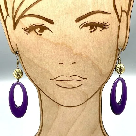 Unique Elongated Hoop Dangle Earrings, Gold Tone Vintage Knot drops to Purple - Picture 1 of 5